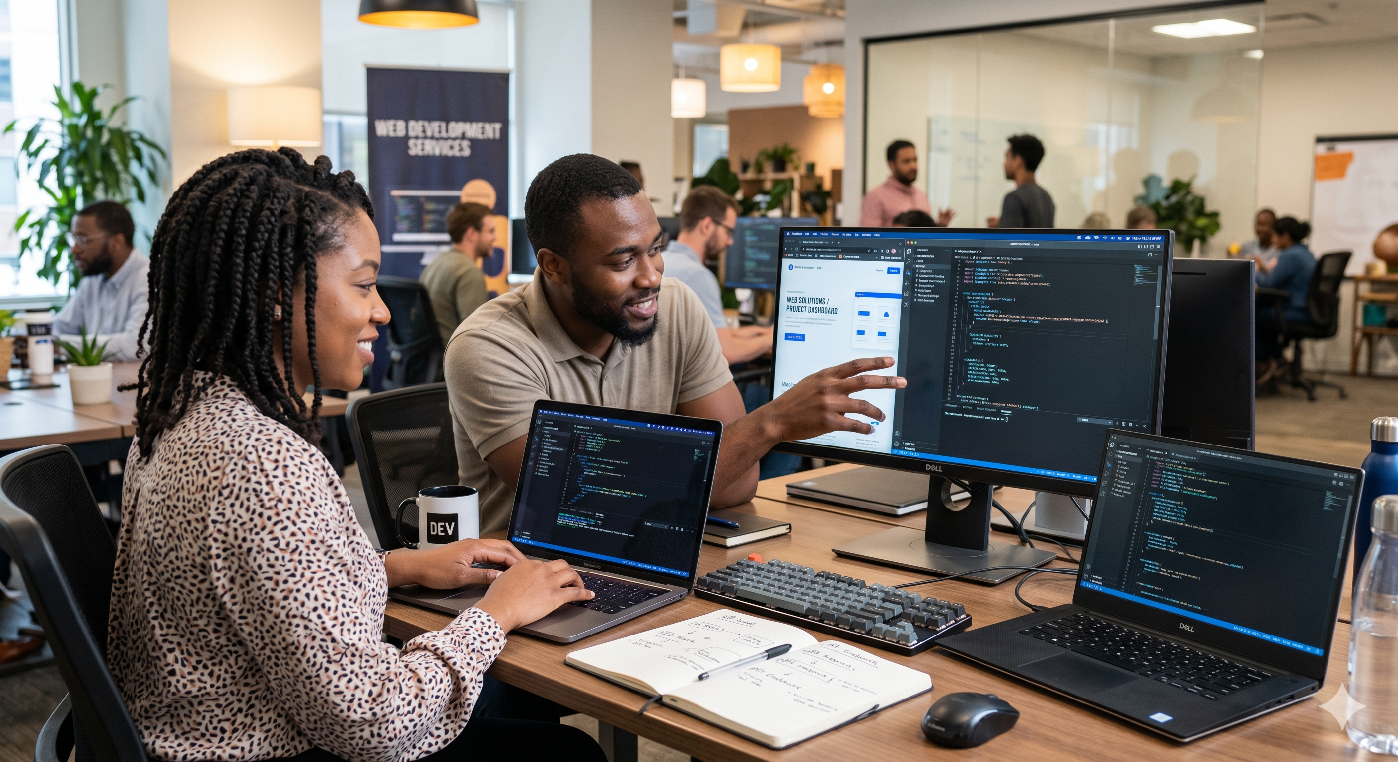 Black professional working at a computer on web software